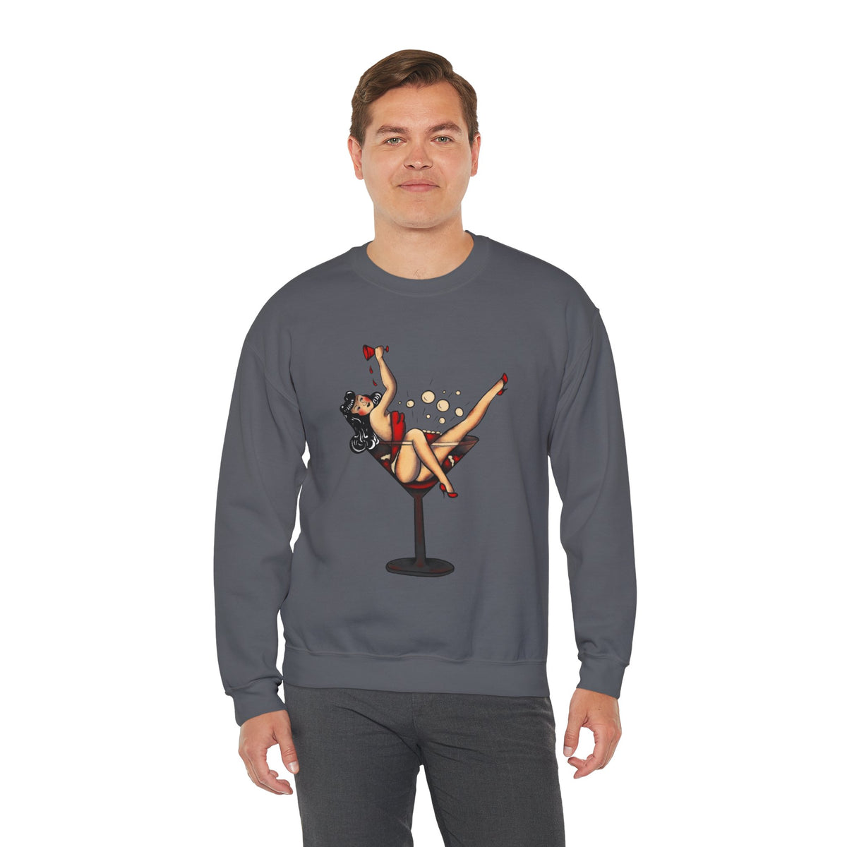Pinup Girl in Martini Glass Sweatshirt | Retro 1950s Cocktail Pin-Up Art
