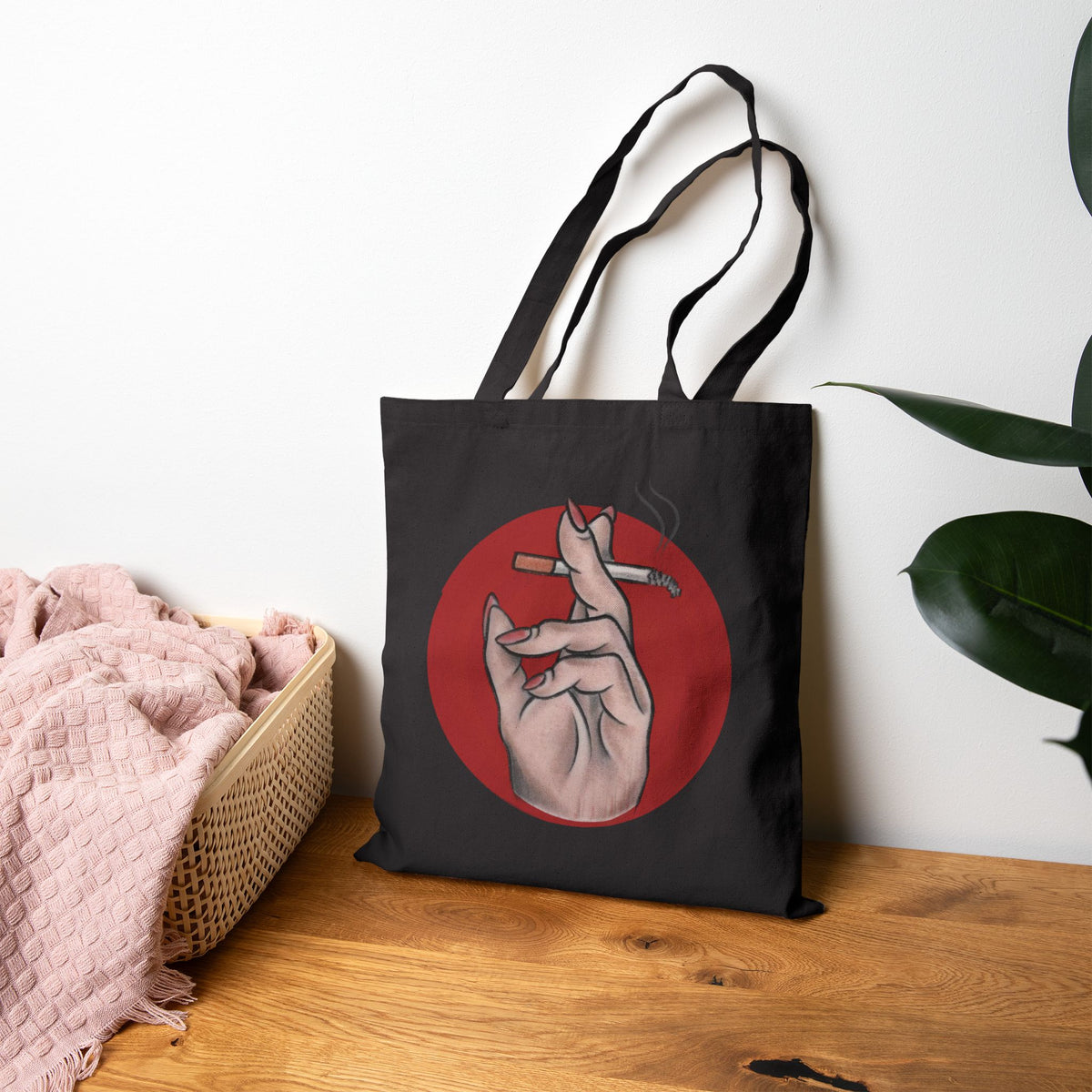 Smoking Hand Illustration Tote Bag | Red Circle Cigarette Art