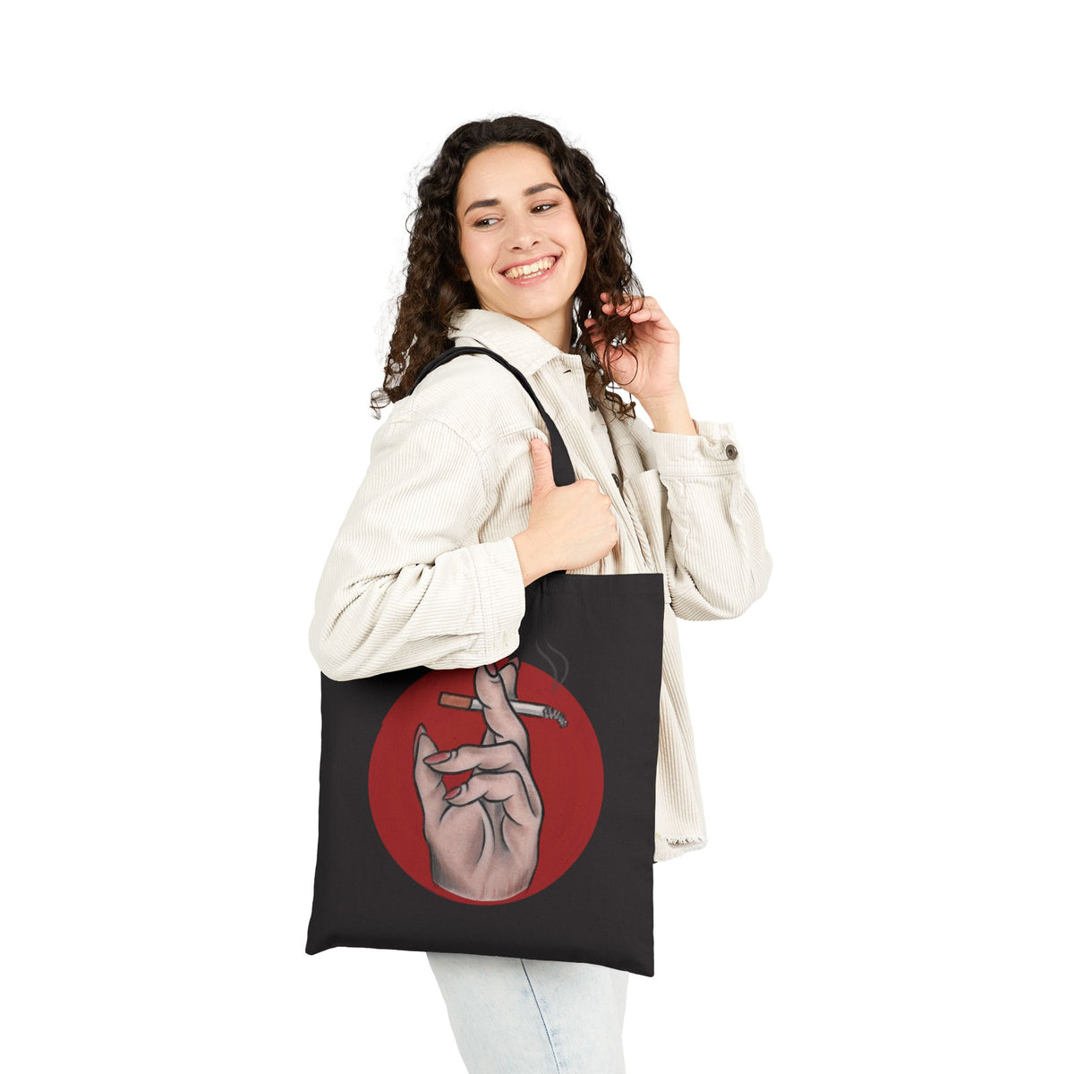 Smoking Hand Illustration Tote Bag | Red Circle Cigarette Art