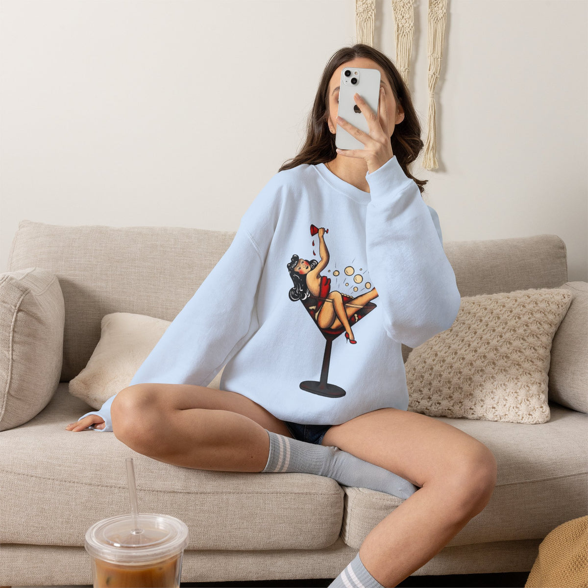 Pinup Girl in Martini Glass Sweatshirt | Retro 1950s Cocktail Pin-Up Art