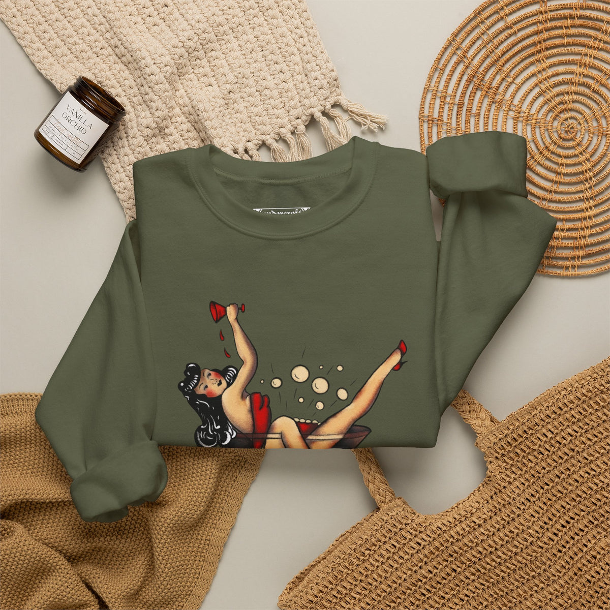 Pinup Girl in Martini Glass Sweatshirt | Retro 1950s Cocktail Pin-Up Art