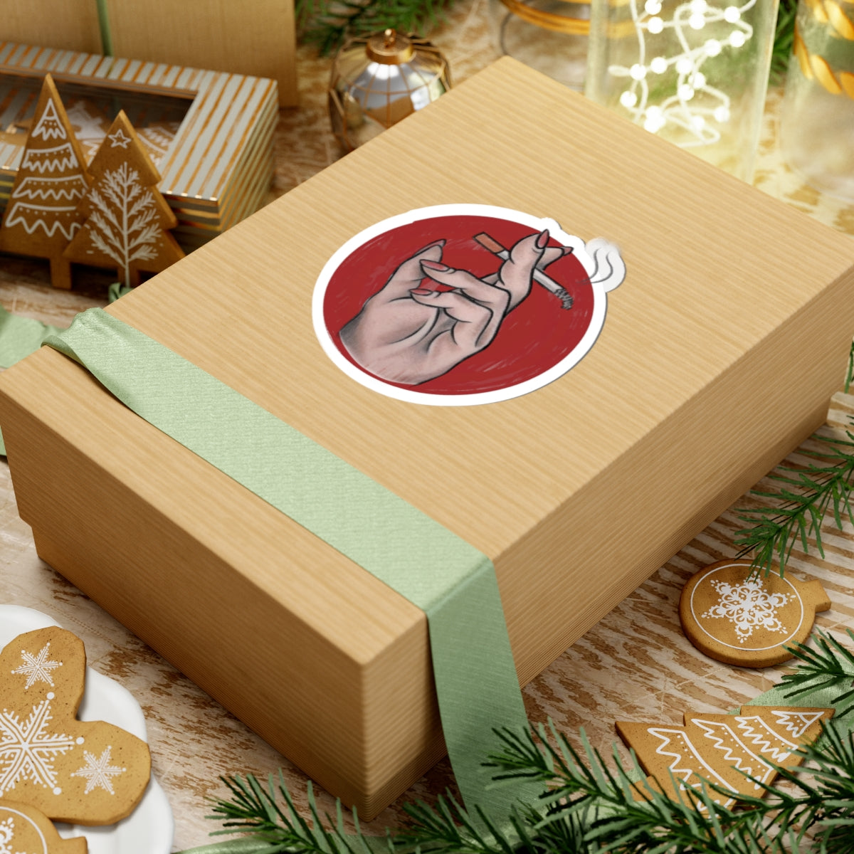 Smoking Hand sticker | Kiss-Cut Circle, Red Background