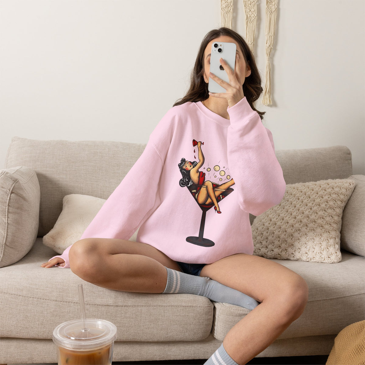 Pinup Girl in Martini Glass Sweatshirt | Retro 1950s Cocktail Pin-Up Art