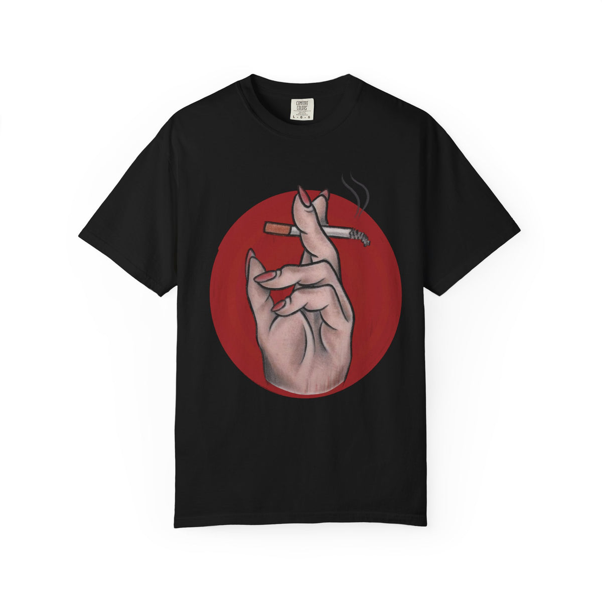 Smoking Hand Illustration T-Shirt | Feminine Hand Holding Cigarette, Red Circle Art