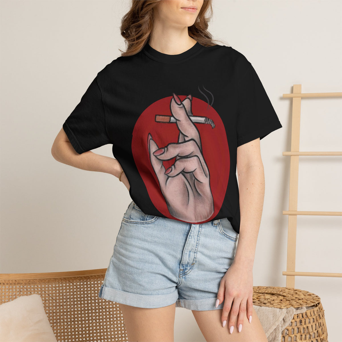 Smoking Hand Illustration T-Shirt | Feminine Hand Holding Cigarette, Red Circle Art