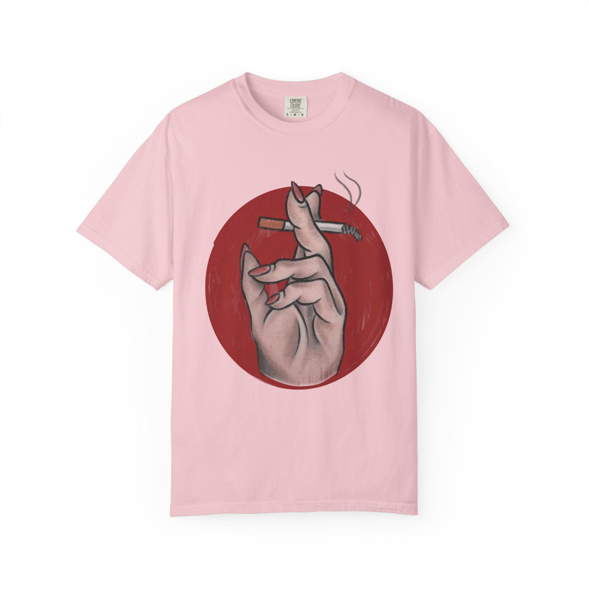 Smoking Hand Illustration T-Shirt | Feminine Hand Holding Cigarette, Red Circle Art