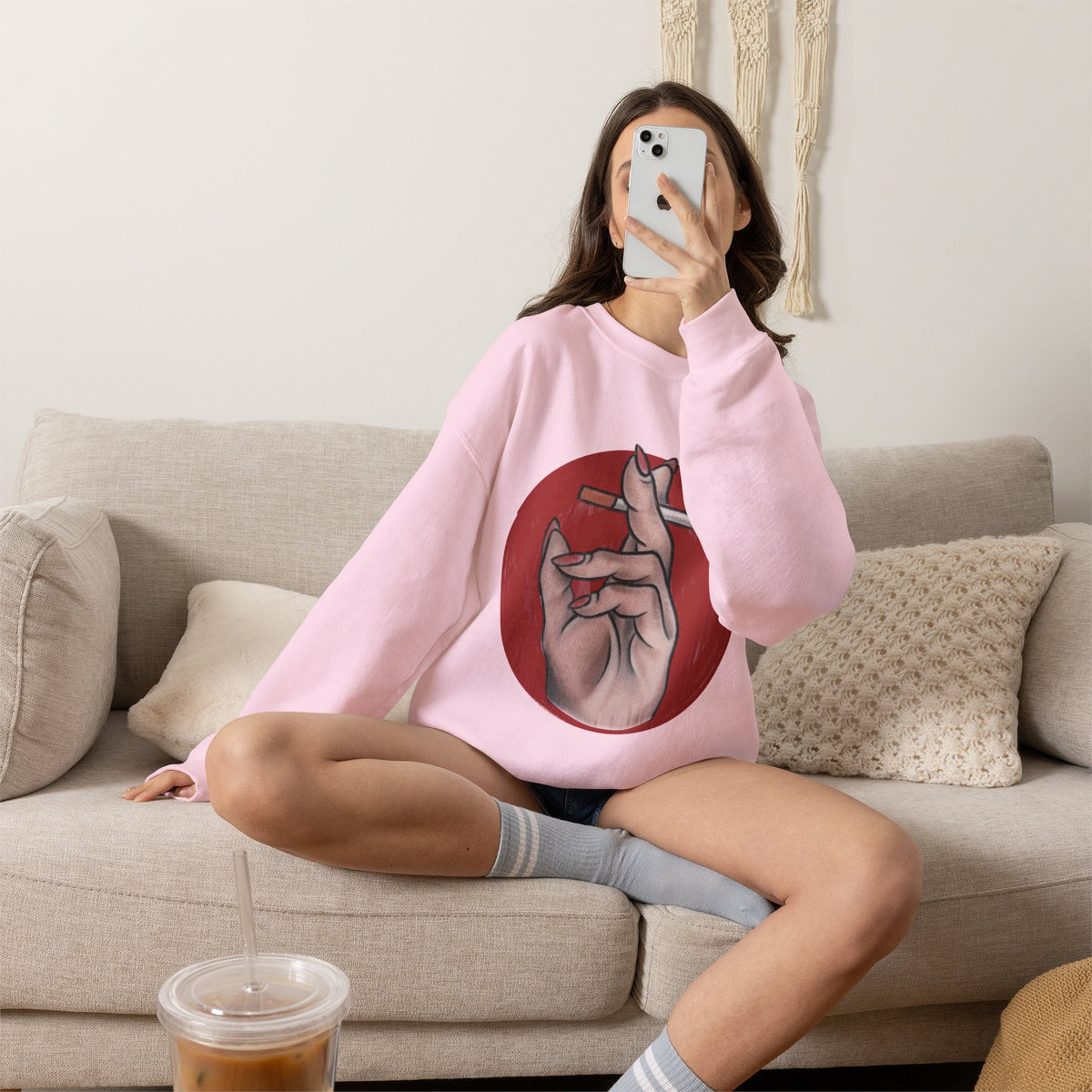 Hand Holding Cigarette Illustration Sweatshirt | Smoking Art Crewneck
