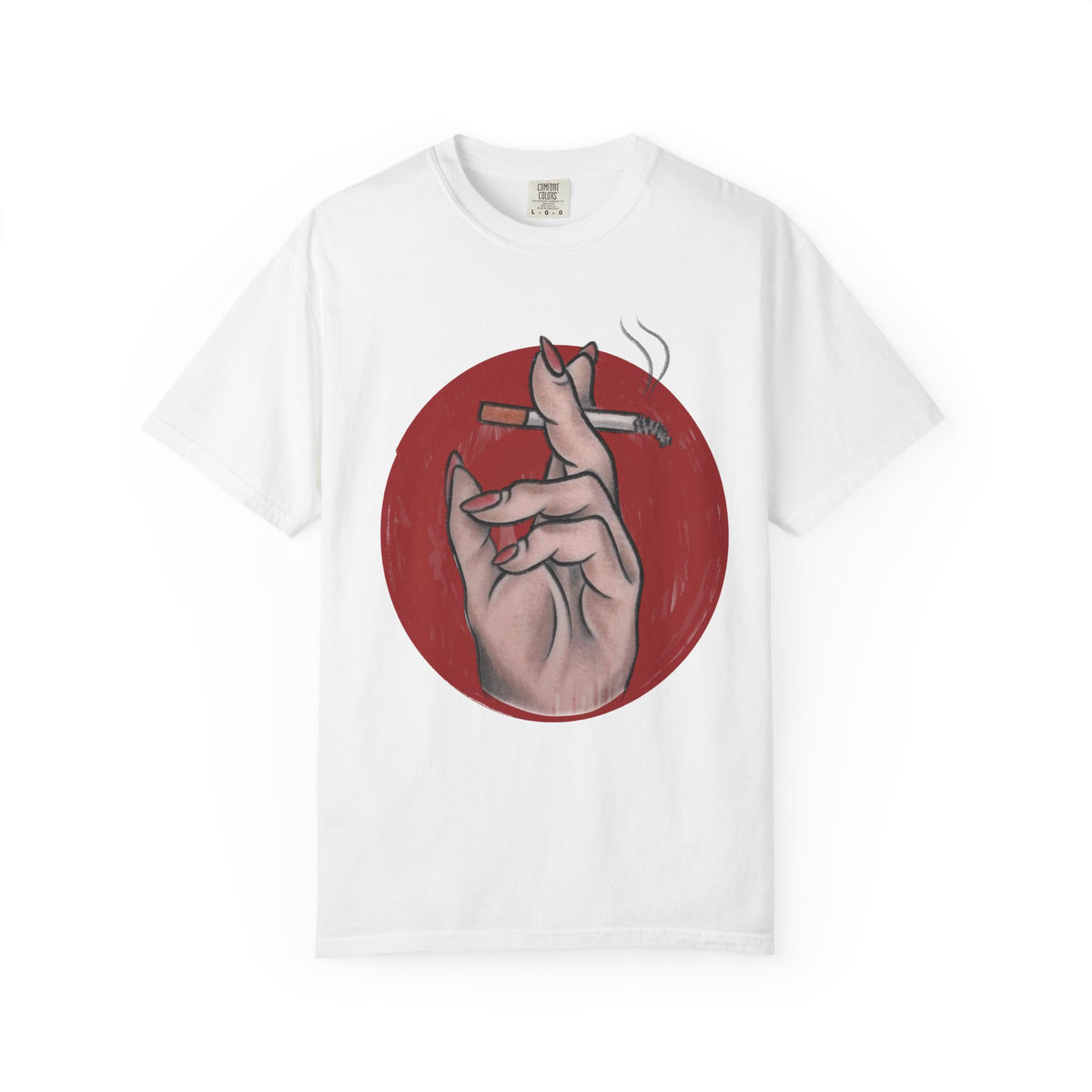 Smoking Hand Illustration T-Shirt | Feminine Hand Holding Cigarette, Red Circle Art