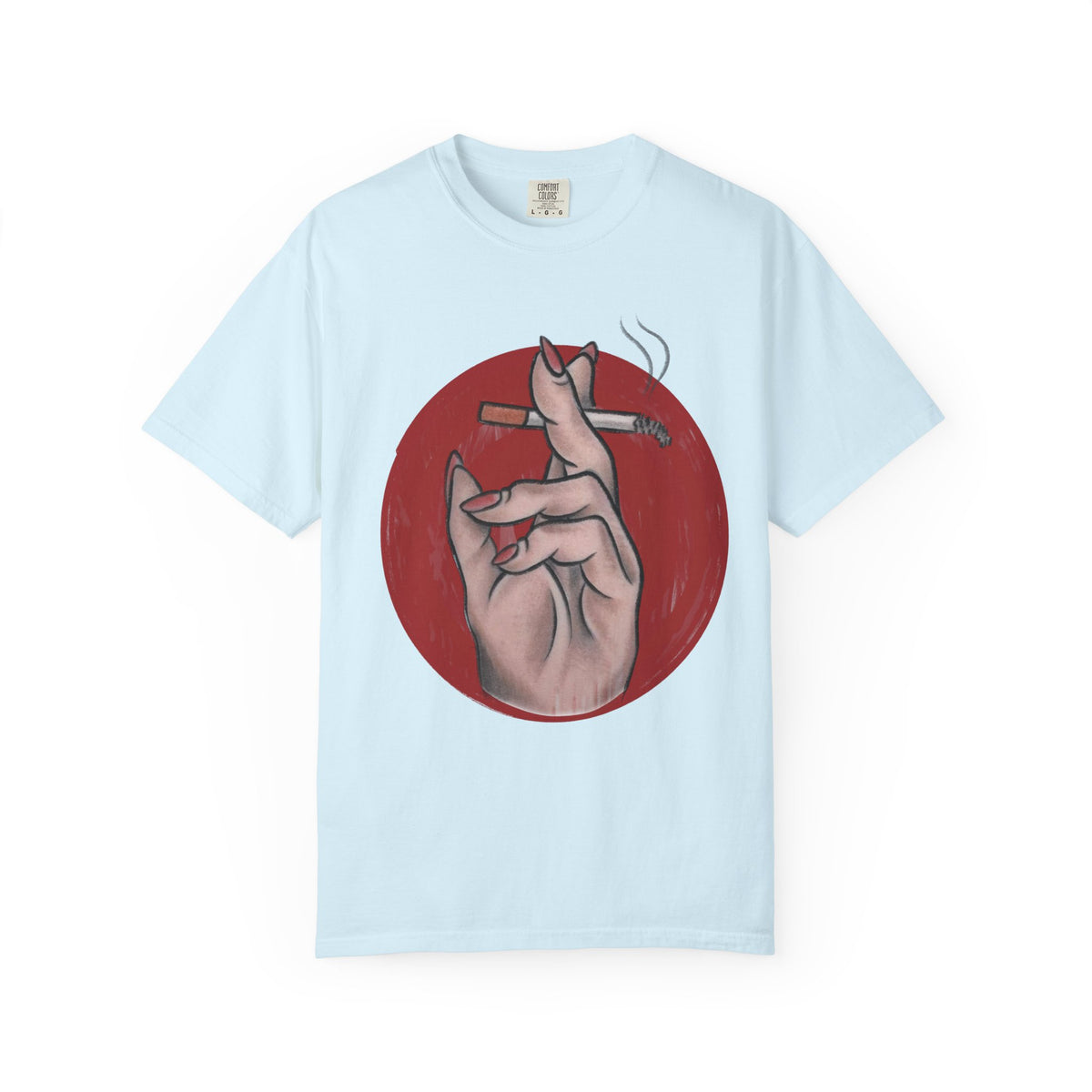 Smoking Hand Illustration T-Shirt | Feminine Hand Holding Cigarette, Red Circle Art