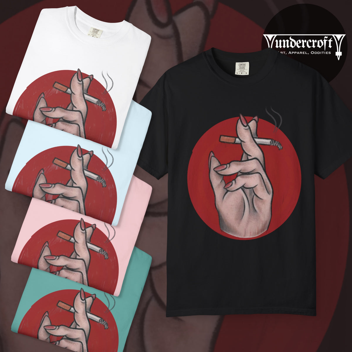 Smoking Hand Illustration T-Shirt | Feminine Hand Holding Cigarette, Red Circle Art