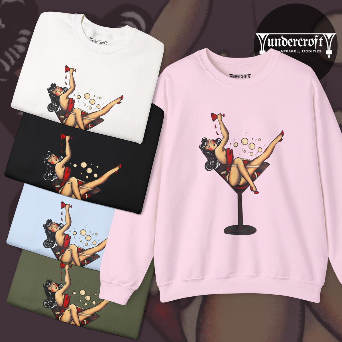 Pinup Girl in Martini Glass Sweatshirt | Retro 1950s Cocktail Pin-Up Art