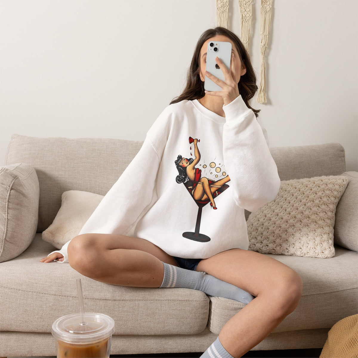 Pinup Girl in Martini Glass Sweatshirt | Retro 1950s Cocktail Pin-Up Art