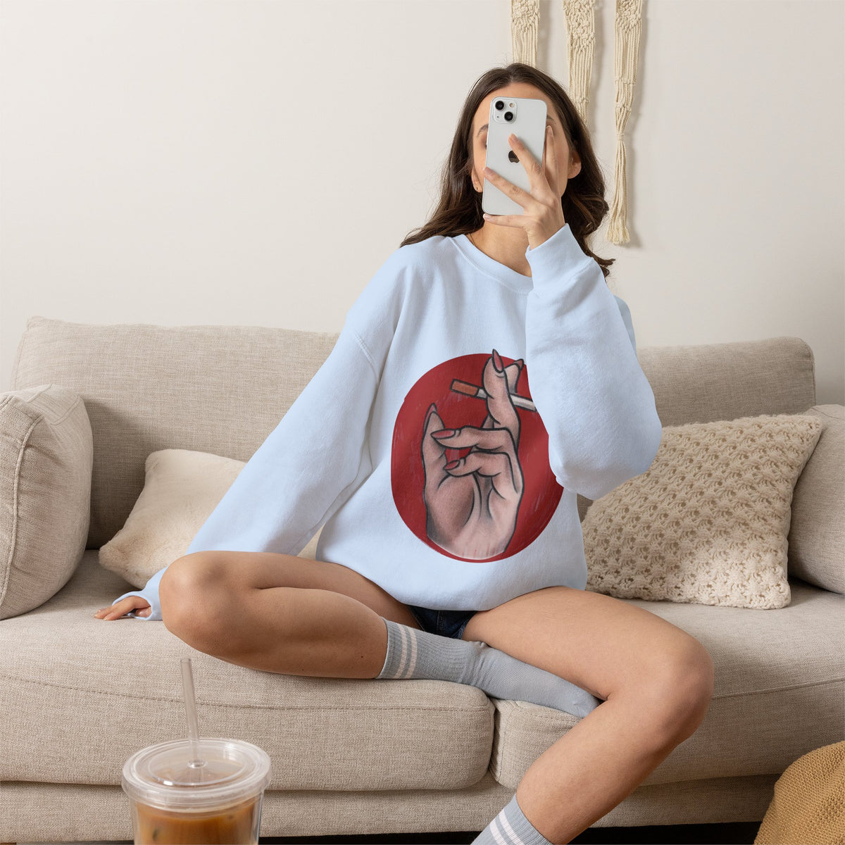 Hand Holding Cigarette Illustration Sweatshirt | Smoking Art Crewneck