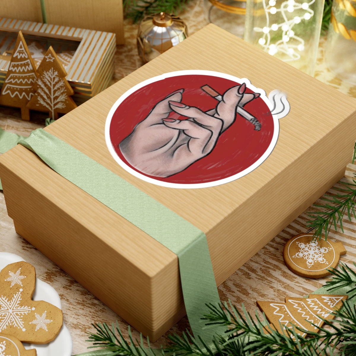 Smoking Hand sticker | Kiss-Cut Circle, Red Background