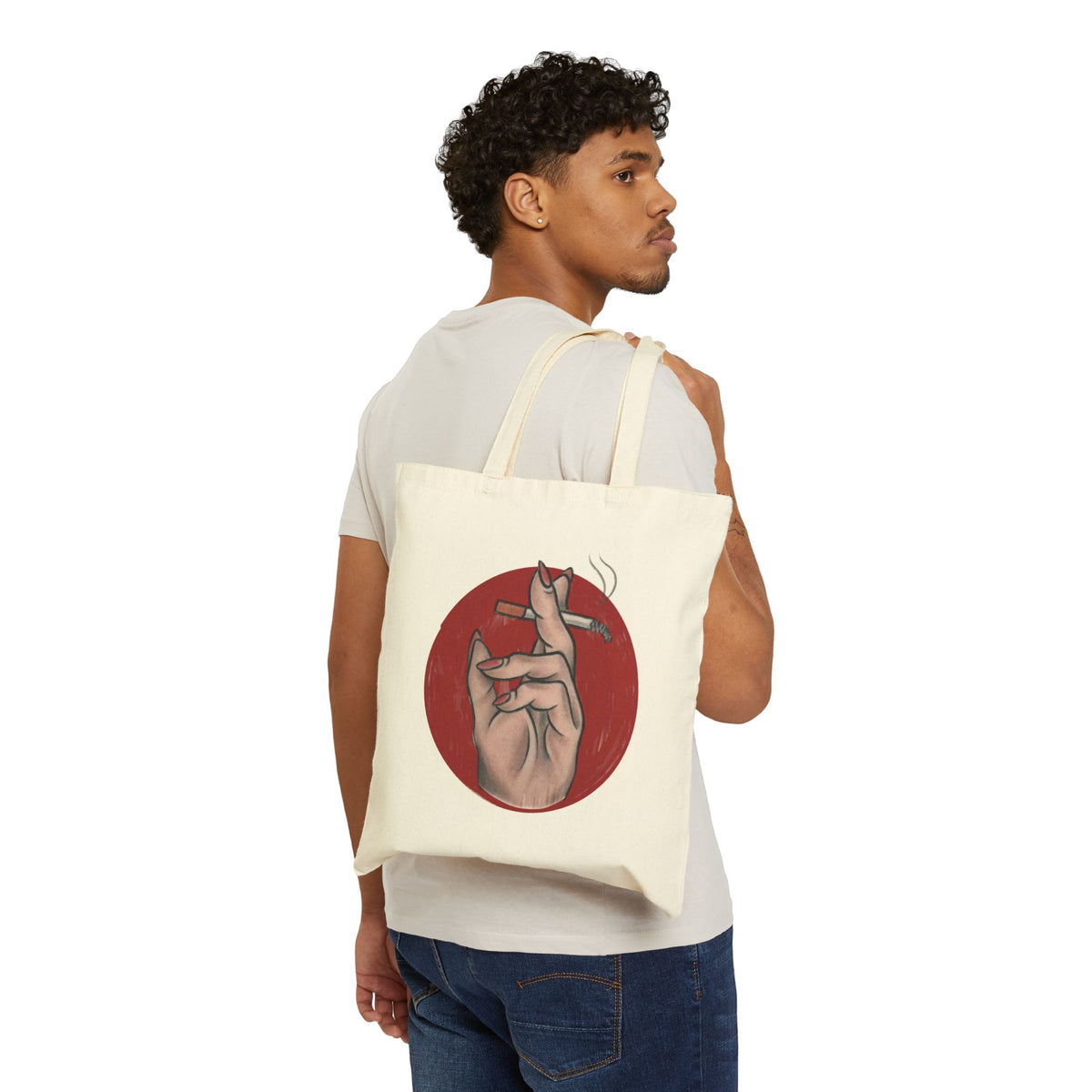 Smoking Hand Illustration Tote Bag | Red Circle Cigarette Art