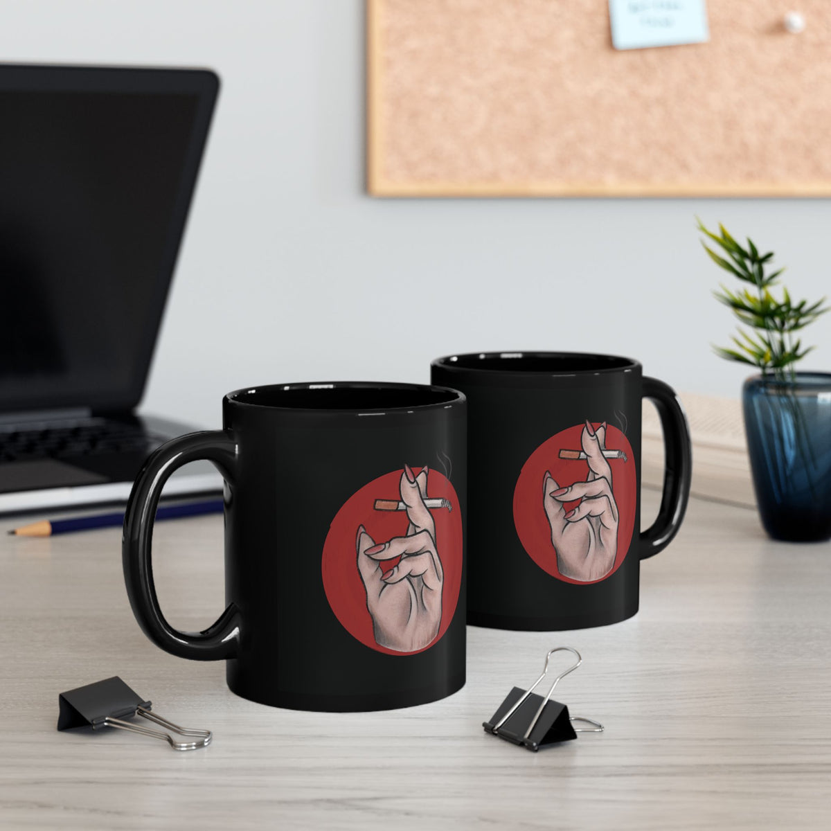 Smoking Hand Illustration Mug | Black Ceramic Coffee Cup