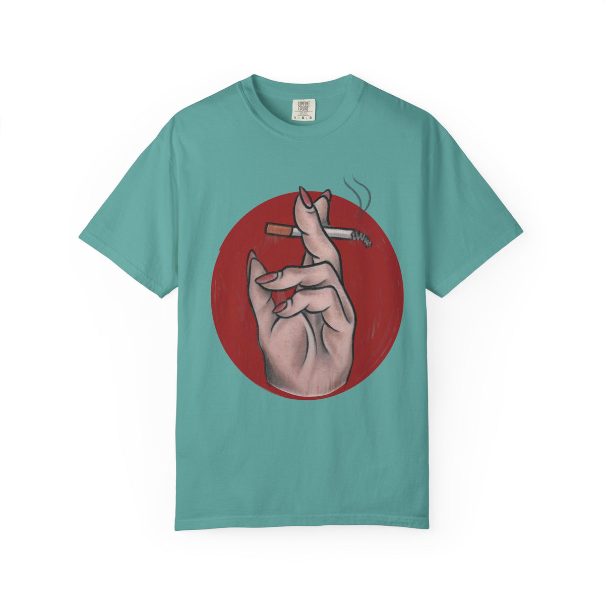 Smoking Hand Illustration T-Shirt | Feminine Hand Holding Cigarette, Red Circle Art