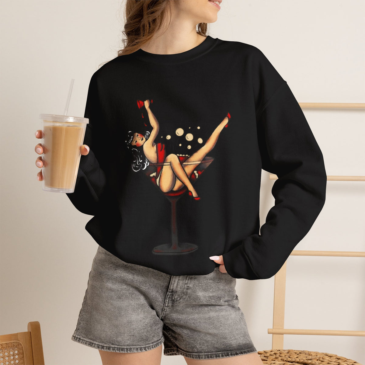Pinup Girl in Martini Glass Sweatshirt | Retro 1950s Cocktail Pin-Up Art