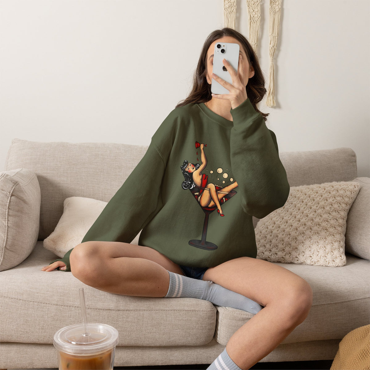 Pinup Girl in Martini Glass Sweatshirt | Retro 1950s Cocktail Pin-Up Art