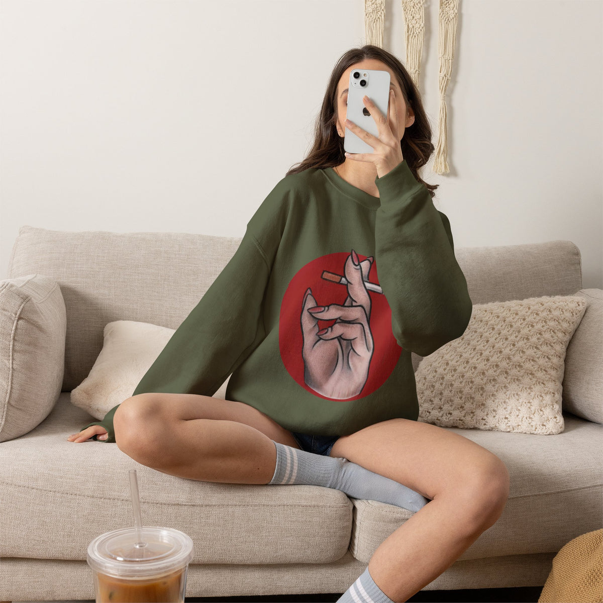 Hand Holding Cigarette Illustration Sweatshirt | Smoking Art Crewneck