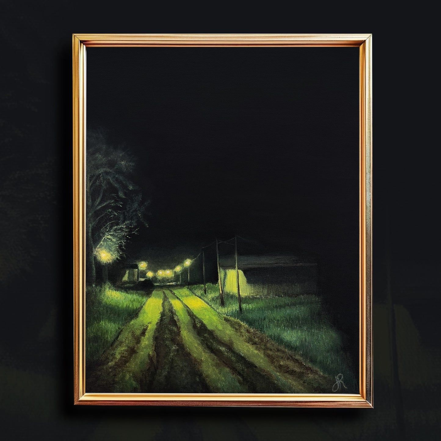 This dark print of an acrylic painting features a nighttime scene of a rural road with moody, dramatic lighting revealing a mysterious building