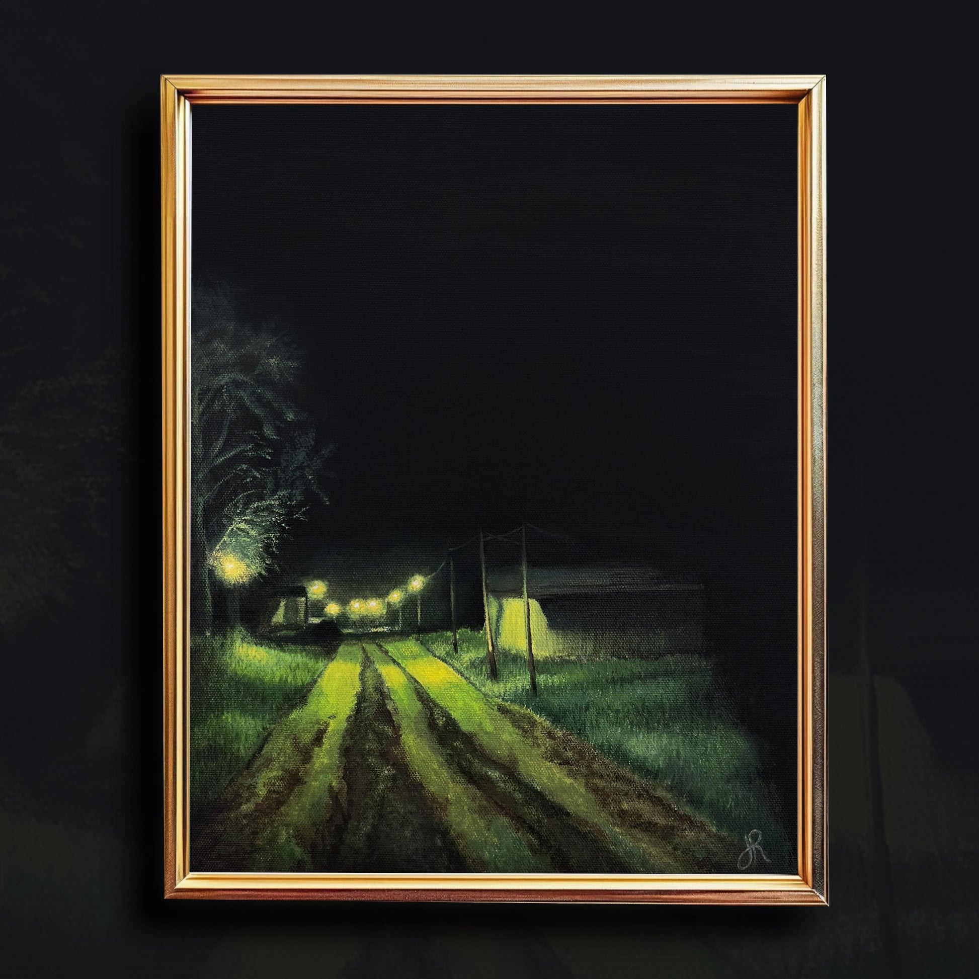 This dark print of an acrylic painting features a nighttime scene of a rural road with moody, dramatic lighting revealing a mysterious building